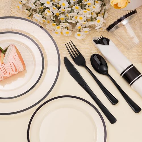 BESTSTAR 175 PCS Clear and Black Disposable Plastic Plate Set for 25 Guests - Image 5