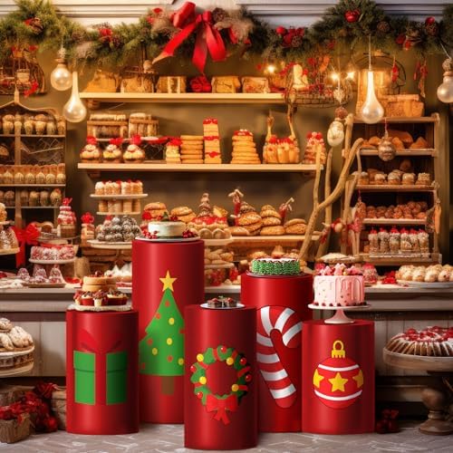 HunnmingRe Set of 5 Spandex Cylinder Stand Covers for Party Christmas Red Cylinder Covers Xmas Party Decorations Dessert Table Display for Christmas Birthday Baby Shower Backdrop - Image 5