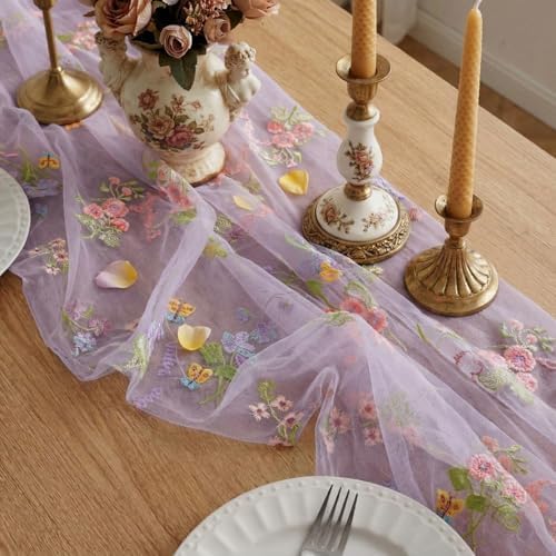 Purple Floral Table Runner 10ft Embroidery Tulle Spring Wildflower Gauze Table Runner Seasonal Summer Butterfly Kitchen Dining Decoration for Wedding Baby Shower Birthday Party (6 Pcs) - Image 4