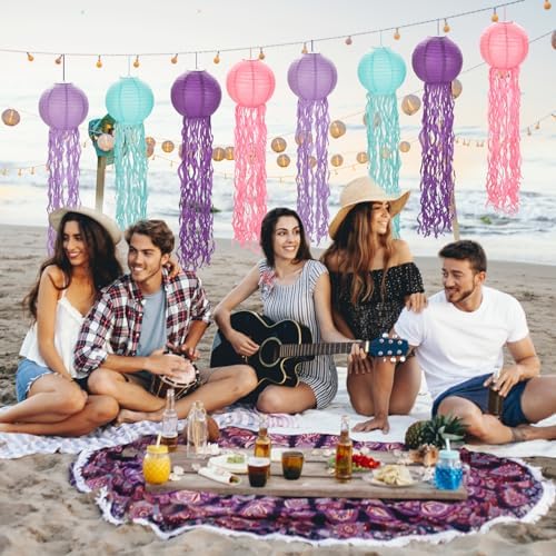 11" Blue Hanging Jellyfish Paper Lanterns Decor - Under The Sea Party & Mermaid Birthday Decorations, Baby Shower, Nautical Events, Ocean Birthday Party Decorations & Beach Room Decor (Set of 8) - Image 4