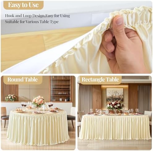 Wish Care 17ft Champagne Satin Long Table Skirt for Rectangle Tables Wrinkle Free Teacher Desk Skirt Glitter Ruffle Table Skirting Cloth for Back to School Classroom Office Birthday Party Table Decor - Image 5