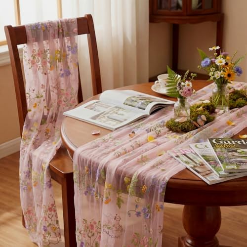 Pink Floral Table Runner 10ft Embroidery Tulle Spring Wildflower Gauze Table Runner Seasonal Summer Butterfly Kitchen Dining Decoration for Wedding Baby Shower Birthday Party (6 Pcs) - Image 6