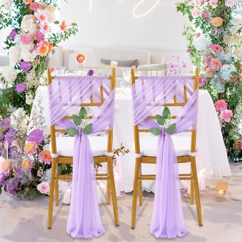 QueenDream Wedding Aisle Chair Sashes 50 Pieces Light Purple Long Sheer Fabric Sashes Decorations Chair with Artificial Eucalyptus - Image 4