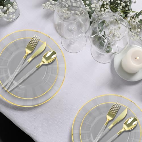 150Pcs Plastic Plates with Gold Rim,Heavy Duty Clear Plates for 30 Guests,Plastic Dinnerware Set Include 30 Dinner Plate,30 Dessert Plate,90 Gold Cutlery Set for Party (Clear) - Image 5