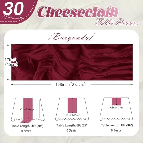 30 Pack Burgundy Cheesecloth Table Runner 17 x 108 inch Cheese Cloth Table Runners 9ft Burgundy Table Runner Rustic Romantic Sheer Gauze Runner for Wedding Party Baby Shower Table Decoration - Image 2