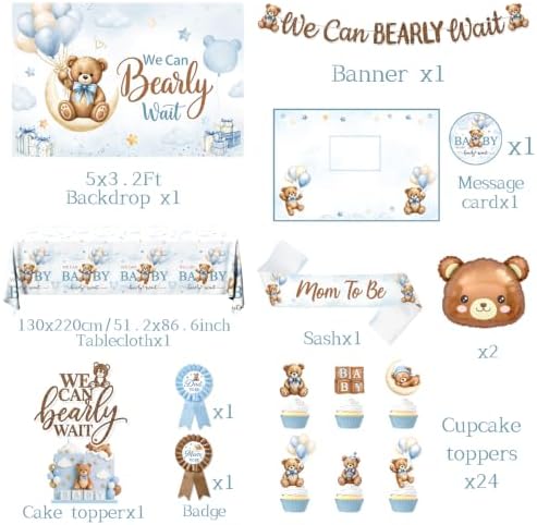 Bear Baby Shower Decorations,260pcs All-in-1 Blue Bear Party Decorations Plates and Napkins Cups Tablecloth Banner Backdrop for Boy Baby Shower Decorations - Image 6