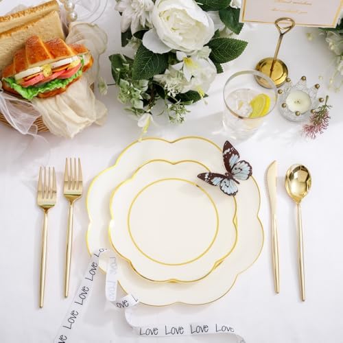 ejonirinjonir 180pcs Elegant Double Gold Rim Ivory Plastic Plates for Proms - Image 3