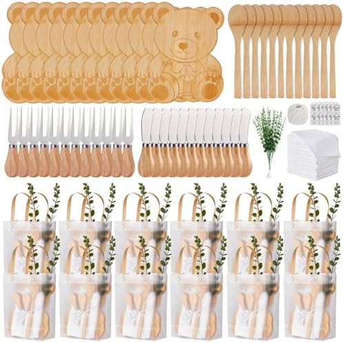 Baby Shower Prizes for Game Winners Bear Shaped Cheese Board Gift with Spoons Butter Spreaders Gift Bags Kitchen Towels Bridal Shower Party Favors for Guests (Bear Shaped, 12 Sets) by WishFond