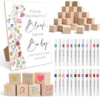 Boho Floral Baby Shower Games, Boho Floral Baby Shower Decorations, Bohemian Flowers Decorate a Block Game Set, Gender Reveal Games, Includes 54 Blank Building Blocks, 24 Pens, 1 Sign by Mopwe
