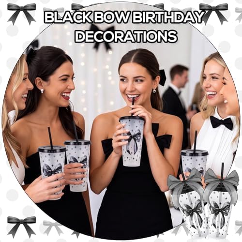 Willinglong 24 Black Bow Cups with Lid Straw Galentines Party Favor 24 oz - Image 6