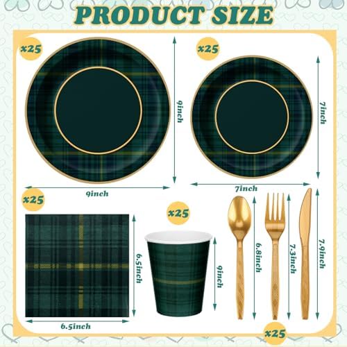 Jinei 175 Pcs Green Blue Tartan Plaid Baby Shower Plates and Napkins Tableware Baby Shower Decoration, Disposable 9/7 Inch Tartan Plates Gold Utensils 9 oz Cups for We Can Bearly Wait Party, Serve 25 - Image 2