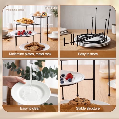 4 Tiered Serving Stand with 4 White Porcelain Plates 10 Inch Round Trays Black Metal Dessert Stand Rotating Serving Tray Display for Parties, Wedding, Baby Shower, Buffet Entertaining - Image 4