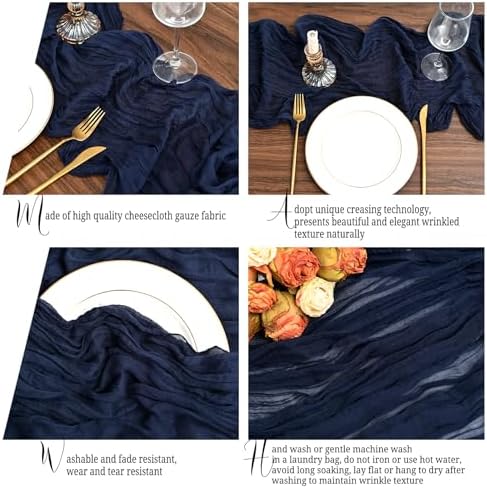 24 Pack Navy Blue Table Runners 10Ft Cheesecloth Table Runner Rustic Gauze Table Runner Romantic Long Sheer Fabric Cheese Cloth Table Runner for Wedding Party Bridal Baby Shower - Image 4