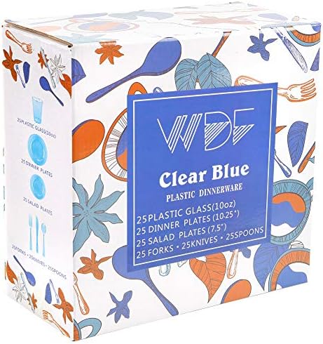 WDF 25 Guest Blue Plates with Disposable Silverware&Blue Cups-Neon Clear Plastic Dinnerware include 25 Dinner &Salad Plates,25Forks, 25 Knives, 25 Spoons,25 Cups for Graduation (Pack of 2) - Image 6