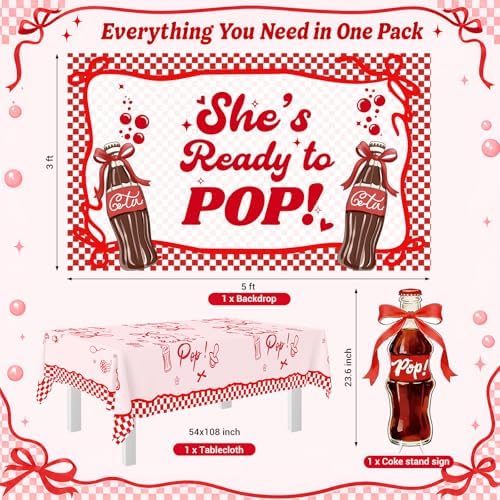 119Pcs She's Ready to Pop Baby Shower Decorations for Girl Soda Pop Theme Party Supplies with Red Pink White Balloon Garland Arch Kit Backdrop Tablecloth Banner Baby Boxes and Cake Toppers - Image 2
