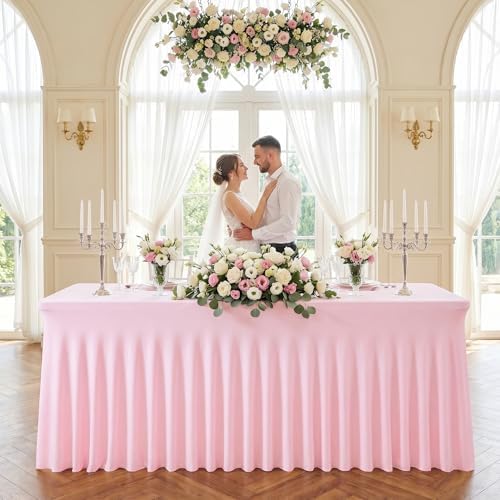 4Pack Pink Spandex Tablecloth for 6FT Rectangle Tables,Table Skirt - Image 7