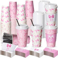 Jingmore 100 Set Pink Bow Coffee Cups with Lids, Straws and Sleeves Pink Bowknot Disposable Drinking Cup for Wedding Coquette Birthday Baby Shower Bachelorette Party Supplies (16 oz) by Jingmore