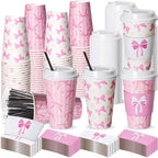 Jingmore 100 Set Pink Bow Coffee Cups with Lids, Straws and Sleeves Pink Bowknot Disposable Drinking Cup for Wedding Coquette Birthday Baby Shower Bachelorette Party Supplies (16 oz) by Jingmore