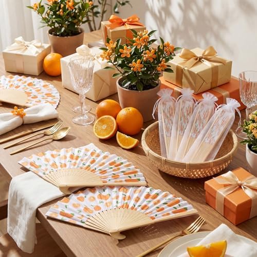 25 Pcs Orange Fruit Folding Paper Fans Bulk with Organza Bags - Image 7