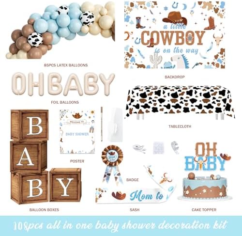 Hombae Cowboy Baby Shower Decorations – 108PCs A Little Cowboy is On The Way Party Supplies Set with Backdrop, Balloon Garland, Banner, Tablecloth, Boxes, Sash and Badge - Image 2