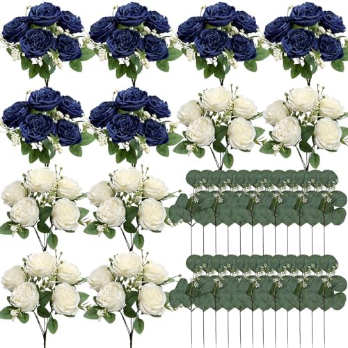 12 Bundles Royal Blue White Artificial Peonies Silk Flowers Bulk - Image 2