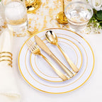 WELLIFE 300Pcs Gold Dinnerware Set for 50 Guests, Gold Rim Plastic Plates Disposable, 50 Dinner and 50 Salad Plates, 50 Cups, 50 Silverware Set for Party - Image 4