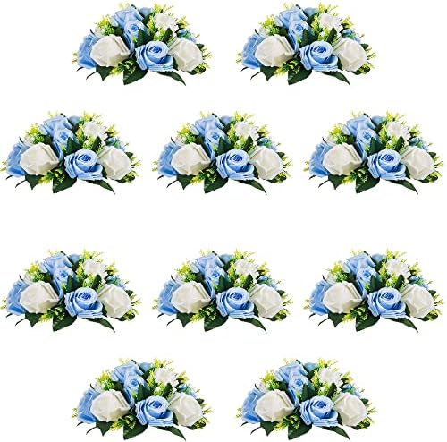 10Pcs Artificial Rose Balls for Centerpieces (Blue & White) by QUTUNI