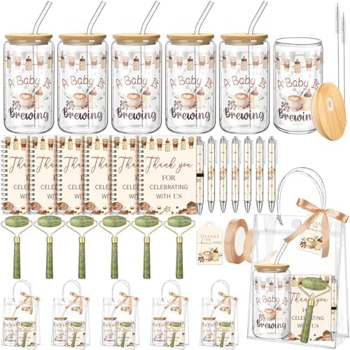 Reallnaive 6 Set Coffee Themed Baby Shower Game Prizes for Player Winners Tumblers with Lids Straws Roller for Face Pens Spiral Notebooks Gift Bags for a Baby Is Brewing Shower Guests Game Favors by Reallnaive