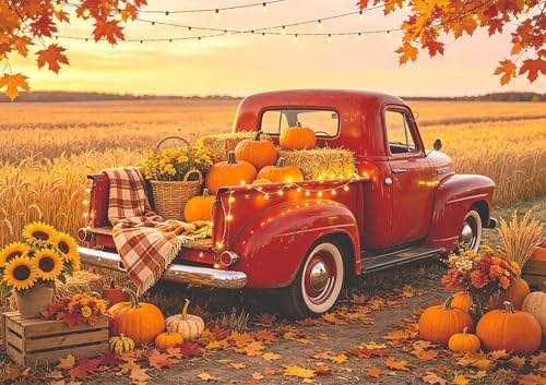 Fall Farm Backdrop, Vintage Red Truck with Pumpkins Photo Background, 9x6FT - Image 2