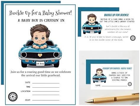 Classic Boy Blue Race Car Baby Shower Invitation Bundle: 20 Fill-In Invitations, Baby Book & Diaper Raffle Tickets by Unknown
