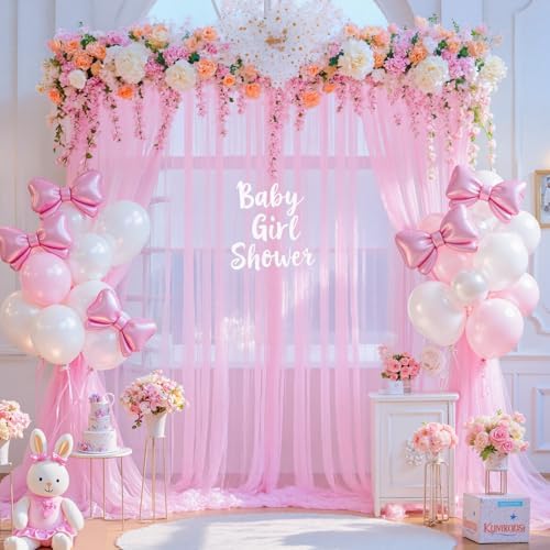 20ft x 15ft Pink Tulle Backdrop Curtain for Baby Shower Party Sheer Fabric Backdrop Curtains for Girls Birthday Gender Reveal Back Drop Wedding Photo Backdrop Drapes Background 4 Panels 5ft x 15ft by Suppromo
