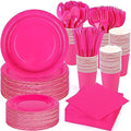 durony 350 Pieces Hot Pink Paper Dinnerware Set 7 Inch 9 Inch Disposable Dinner Plates Serve 50 Guests Paper Cup Cutlery Napkins Solid Color Party Supplies for Birthday Wedding Party Family Picnic by durony