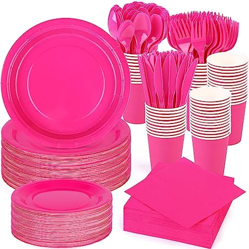 durony 350 Pieces Hot Pink Paper Dinnerware Set 7 Inch 9 Inch Disposable Dinner Plates Serve 50 Guests Paper Cup Cutlery Napkins Solid Color Party Supplies for Birthday Wedding Party Family Picnic by durony