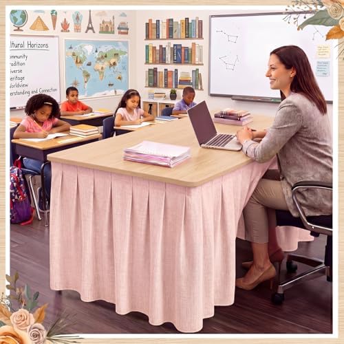 Tingjoo Pastel Pink 9 ft X 30'' Teacher Desk Skirts Linen Textured Desk Tablecloth Skirts Pleated Office Decor Back to School Supplies for Classroom School Office Rectangular Round Table Cover - Image 6