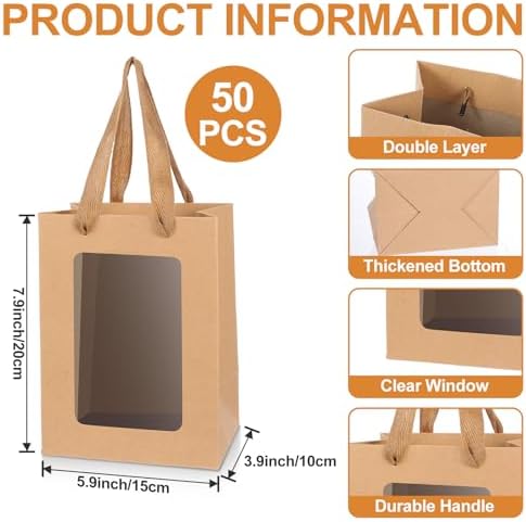 mekueeex 50 Pieces Paper Gift Bag with Transparent Clear Window 7.9 x 5.9 x 3.9 Inch Kraft Bags with Handles for Bridal Baby Shower Graduate Father Day Birthday Party Supplies(Brown) - Image 2