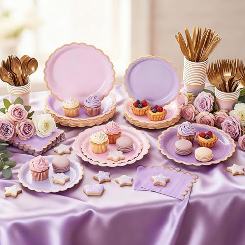 Mimorou 338 Pcs Purple Plates Napkins Cups Flatware Set - Image 2