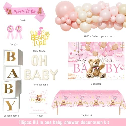 Hombae We can Bearly wait Baby Shower Decoration – 116 PCs Baby Girls Teddy Bear Party Supplies with Teddy Bear Printed Backdrop, Balloon Garland, Tablecloth, Balloon Boxes, Sash, Badges - Image 2