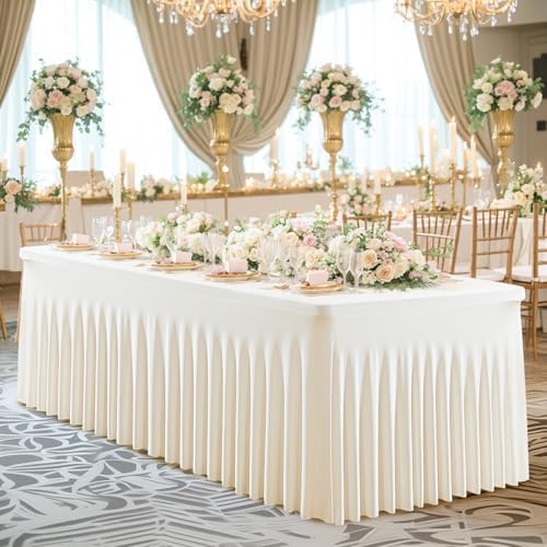 4 Pack Ivory Table Cloth for 8 Foot Rectangle Tables Spandex Fitted Tablecloth 8ft Stretch Table Covers Skirt Ivory Banquet Tablecloths Wrinkle Free Tablecloth for Party Wedding Birthday Event - Image 4