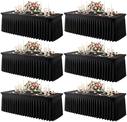 6 Pack Black Spandex Tablecloth for 6FT Rectangle Tables, Fitted Stretch Table Cover with Skirt, Wrinkle Free Washable Elastic Table Cloth for 6 Foot Folding Table, Wedding Banquet Baby Shower by Gogoparti