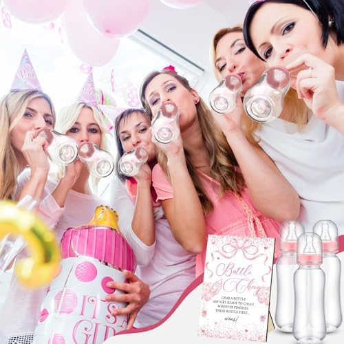 Trelaco 12 Pcs Pink Bow Themed Baby Shower Game Bottle Chug Wooden Sign Set - Image 6