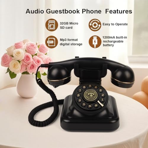 Audio Guest Book Wedding Phone, Vintage Telephone Recorder Wedding Guest Book, Retro Voice Recording Phone for Birthdays Party/Graduation/Baby Shower/Retirement/Special Occasions (Black) - Image 3