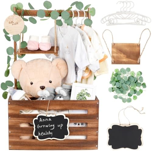 Wooden Baby Shower Crate Closet with Handle and Garland, Large Capacity Baby Baskets for Baby Shower, Easy Assembly Baby Shower Basket for Welcome Newborn Parents Party (Dark Walnut) by ELESTONE