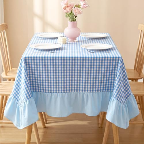 Moukeren 120"x60" Ruffled Tablecloth Table Cover, Blue and White, Gingham - Image 5