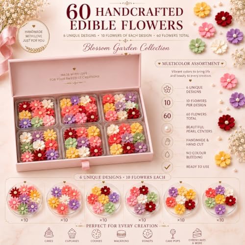 CONFECT Handmade Edible Gum Paste Flower Decorations – Celebration Blossom – 60 Piece Assorted Sugar Flower Set with Pearl Centers, Hand Cut Cake Flowers for Cakes, Cupcakes, Cookies & Desserts - Image 2