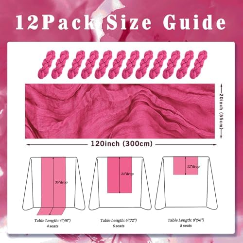 Hot Pink 12 Pack Cheesecloth Table Runner 10FT Boho Fabric Rustic Cheese Cloth Table Runner for Wedding 20 x 120 Inch Long Bridal Shower Baby Shower Gauze Sheer Birthday Party Table Decorations - Image 2