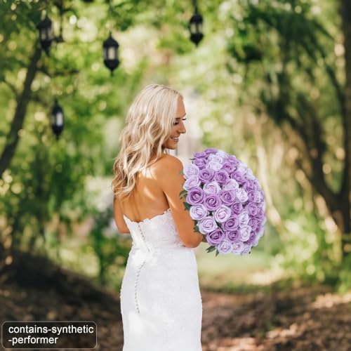 50 PCS Purple Roses Artificial Flowers, Fake Roses with Stem Realistic Silk Roses for DIY Wedding Bouquets Table Centerpieces Arrangements Baby Shower Birthday Home Decor Valentine's Day Gift for Her - Image 2