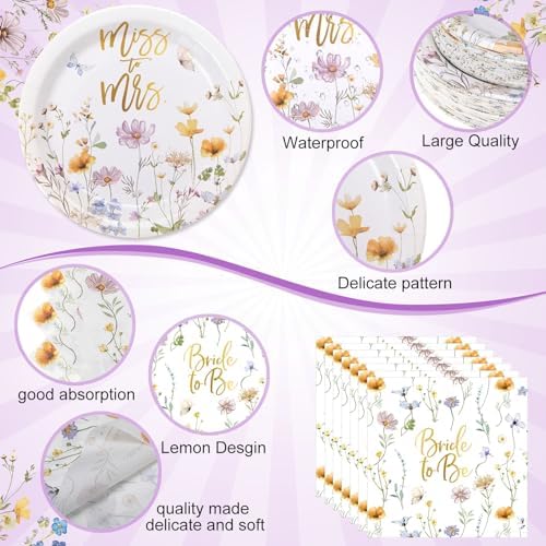 Pickmesh 250 Pcs Wildflower Bridal Shower Decorations Floral Miss to Mrs Plates and Napkins Sets Bride to Be Disposable Paper Tableware Set for Wedding, Engagement, Bachelorette Party, Serves 50 - Image 3