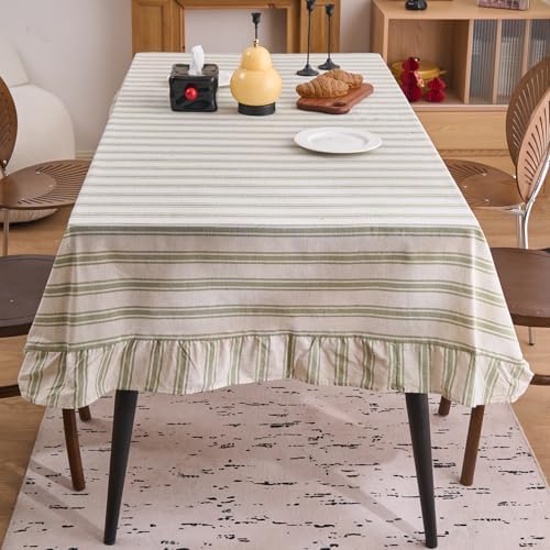 vctops Farmhouse Sage Green Stripe Ruffle Table Cloth, Boho Cotton Linen Tablecloth, Washable Table Cover for Rectangle Table Baby Shower Kitchen Party Wedding Decor (Green A,55"x118") by vctops