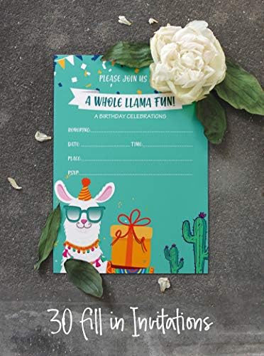 Pack of 30 Llama Kids Birthday Invitations, Boys or Girls Fill-in Style Invite, Children or Toddlers Baby First or 1st Bday Alpaca Cactus Fill in the Blank Invite Cards - Image 4