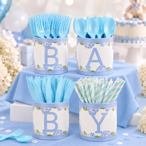 Domensi 204 Pcs Baby Shower Disposable Cutlery Set Utensil Holders, Blue by Domensi